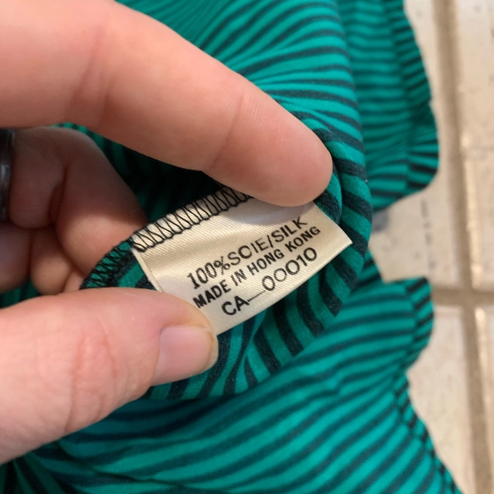 Vintage EATON 100% Silk Teal Black Striped Midi Dress Belted Button-Front Size 7 - Picture 4 of 7